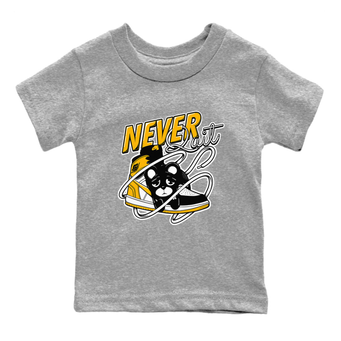 1s Yellow Ochre shirt to match jordans Never Quit sneaker tees streetwear brand Air Jordan 1 High OG Yellow Ochre SNRT sneaker release tees baby toddler Heather Grey 2 cotton Shirt