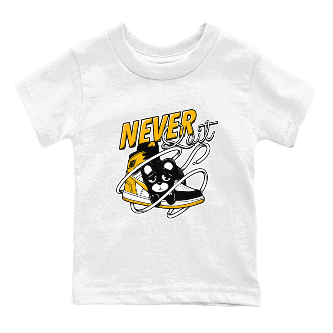 1s Yellow Ochre shirt to match jordans Never Quit sneaker tees streetwear brand Air Jordan 1 High OG Yellow Ochre SNRT sneaker release tees baby toddler White 2 cotton Shirt