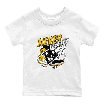 1s Yellow Ochre shirt to match jordans Never Quit sneaker tees streetwear brand Air Jordan 1 High OG Yellow Ochre SNRT sneaker release tees baby toddler White 2 cotton Shirt