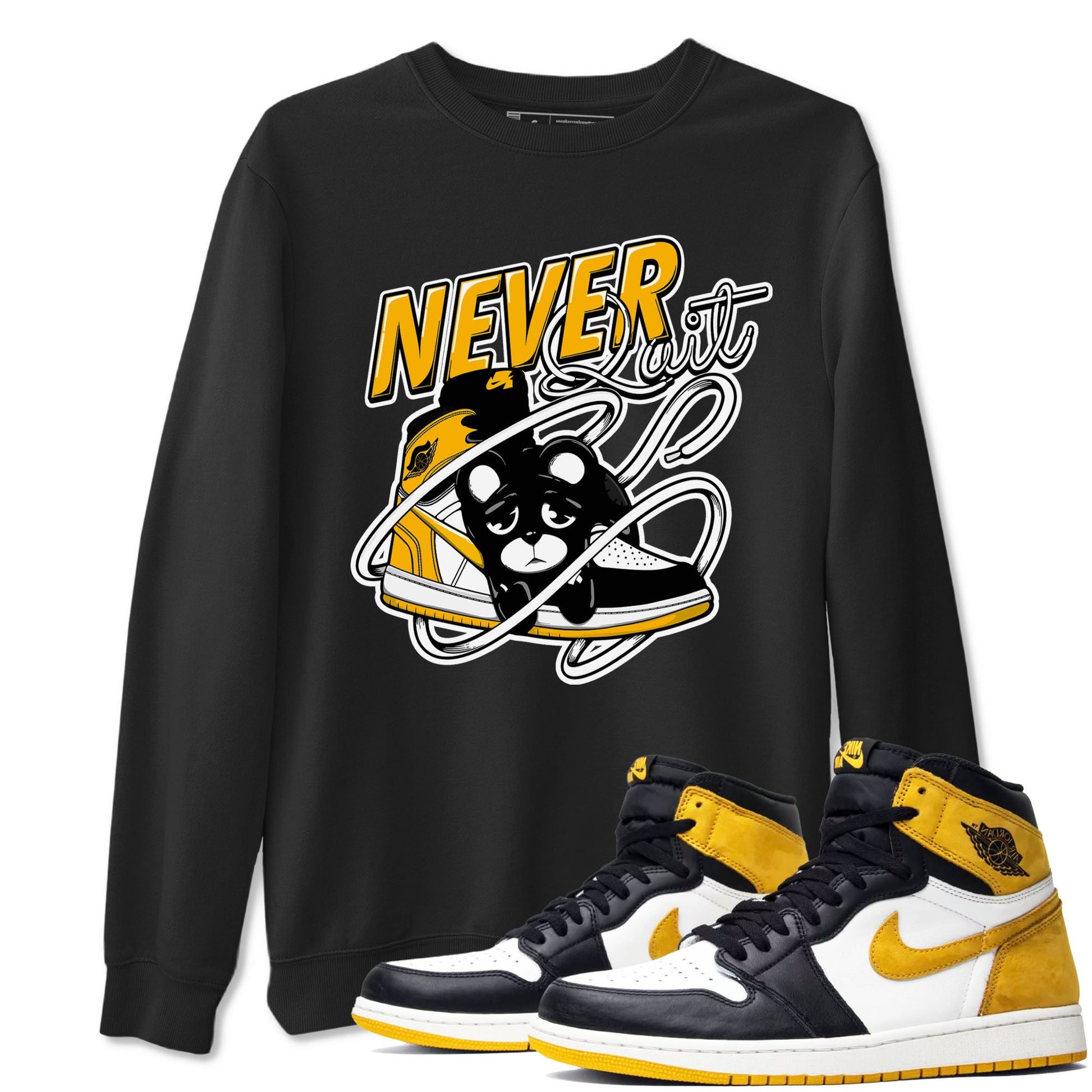 1s Yellow Ochre shirt to match jordans Never Quit sneaker tees streetwear brand Air Jordan 1 High OG Yellow Ochre SNRT Sneaker Release Tees unisex cotton Black 1 crew neck shirt