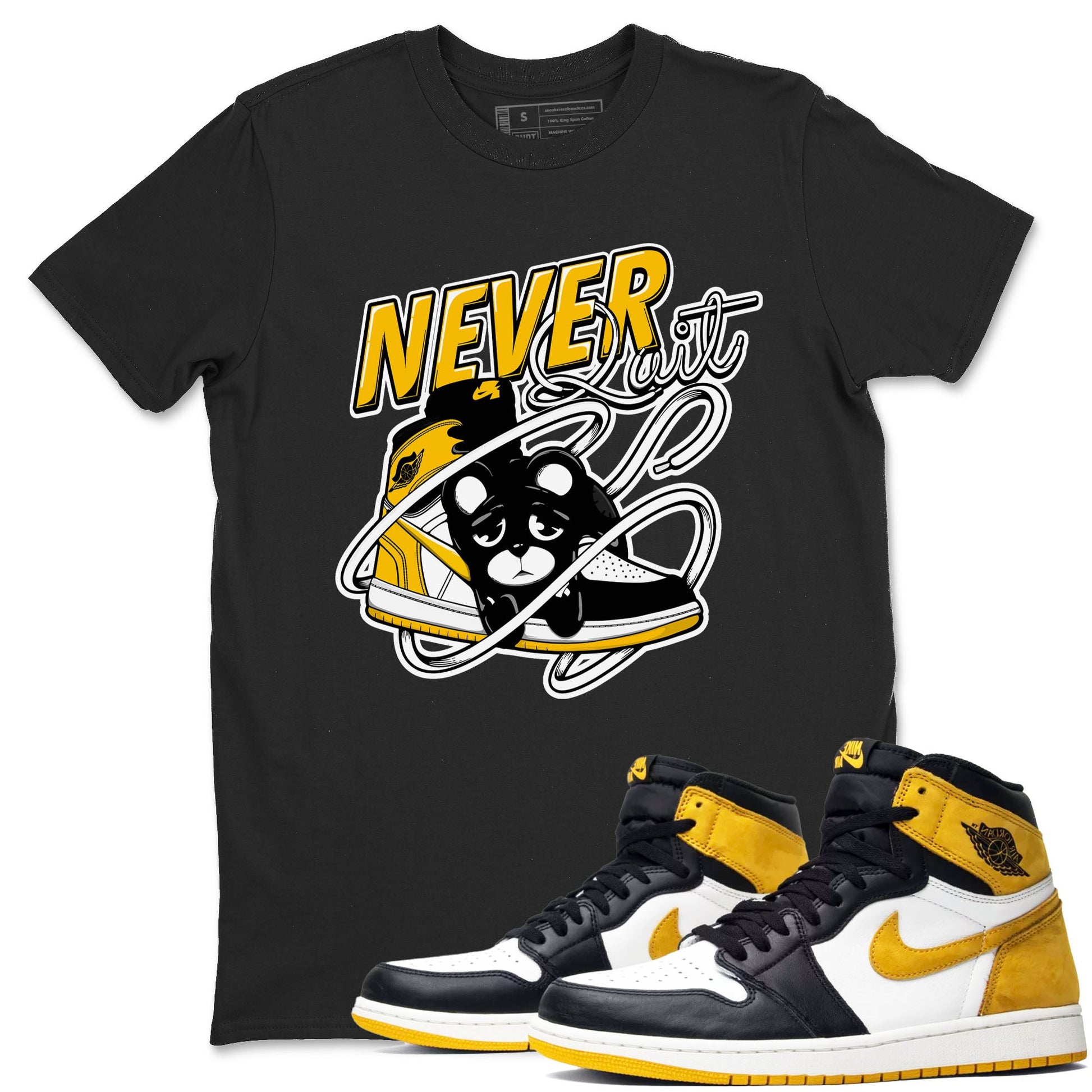 1s Yellow Ochre shirt to match jordans Never Quit sneaker tees streetwear brand Air Jordan 1 High OG Yellow Ochre SNRT Sneaker Release Tees unisex cotton Black 1 crew neck shirt
