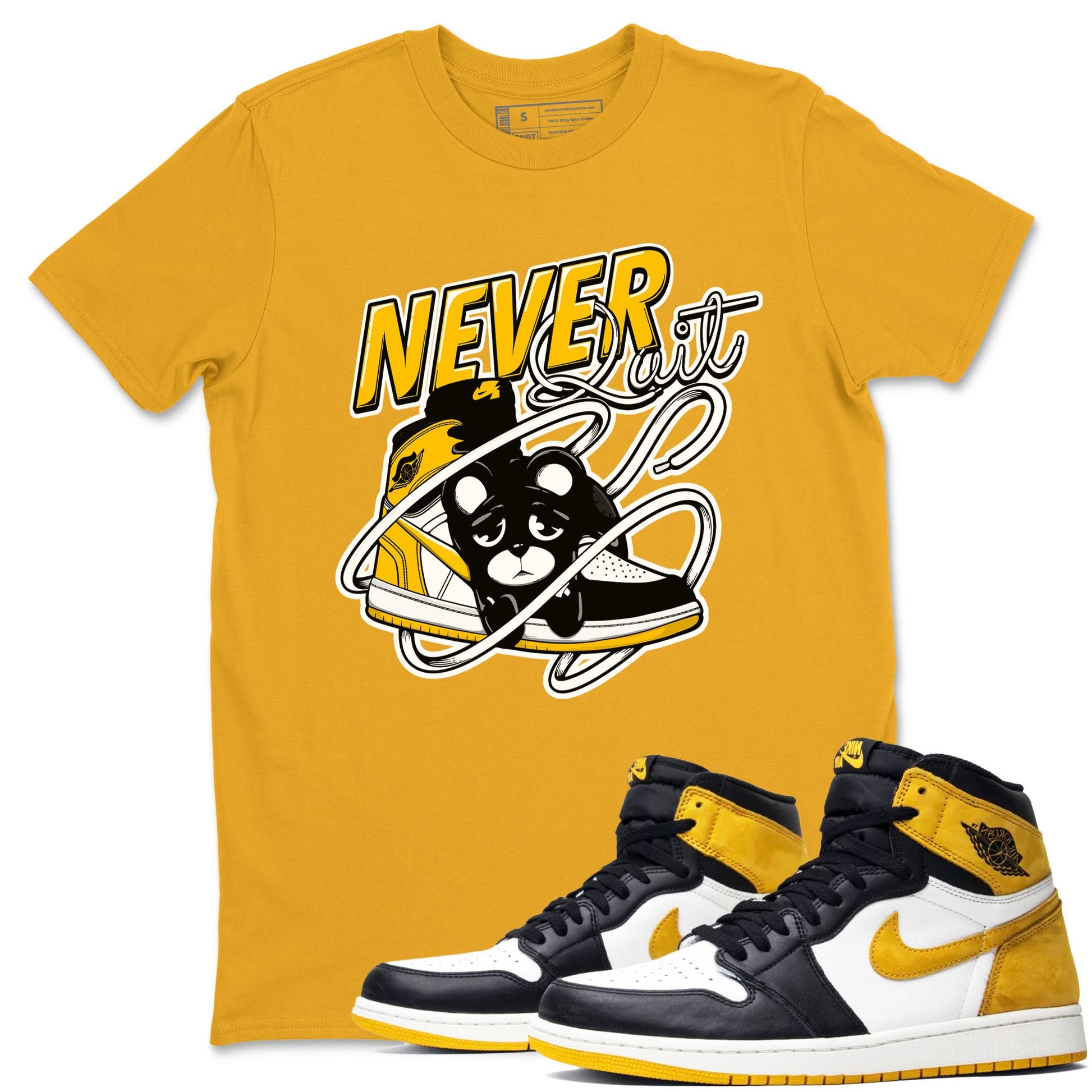 1s Yellow Ochre shirt to match jordans Never Quit sneaker tees streetwear brand Air Jordan 1 High OG Yellow Ochre SNRT Sneaker Release Tees unisex cotton Gold 1 crew neck shirt