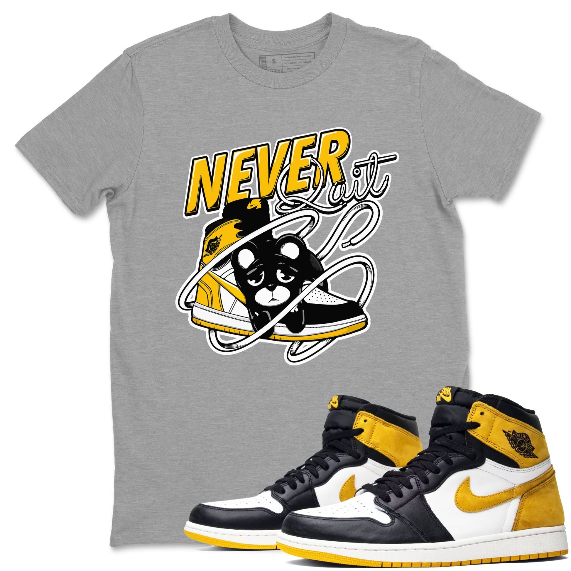 1s Yellow Ochre shirt to match jordans Never Quit sneaker tees streetwear brand Air Jordan 1 High OG Yellow Ochre SNRT Sneaker Release Tees unisex cotton Heather Grey 1 crew neck shirt
