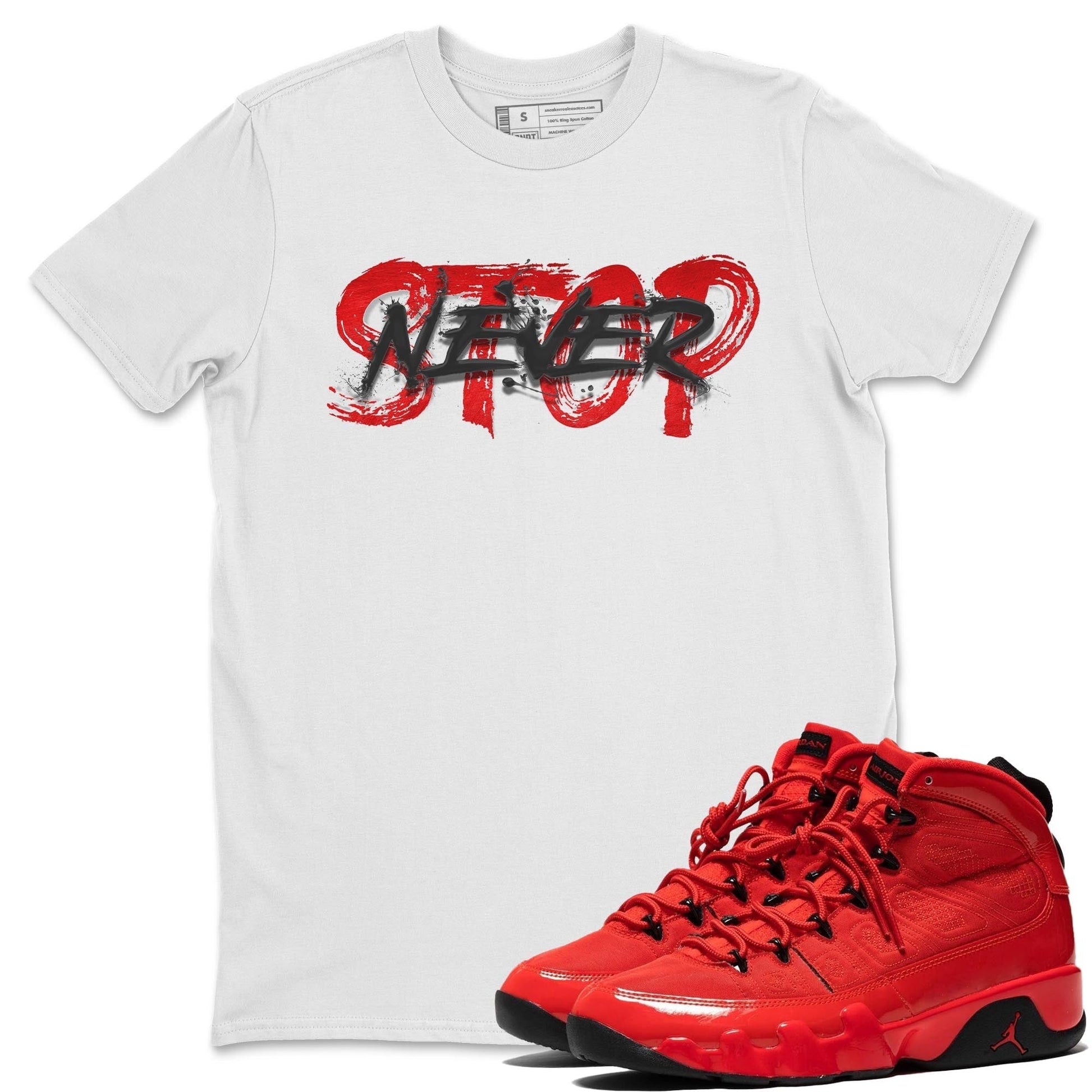 Jordan 9 Chile Red Sneaker Match Tees Never Stop Sneaker Tees Jordan 9 Chile Red Sneaker Release Tees Unisex Shirts