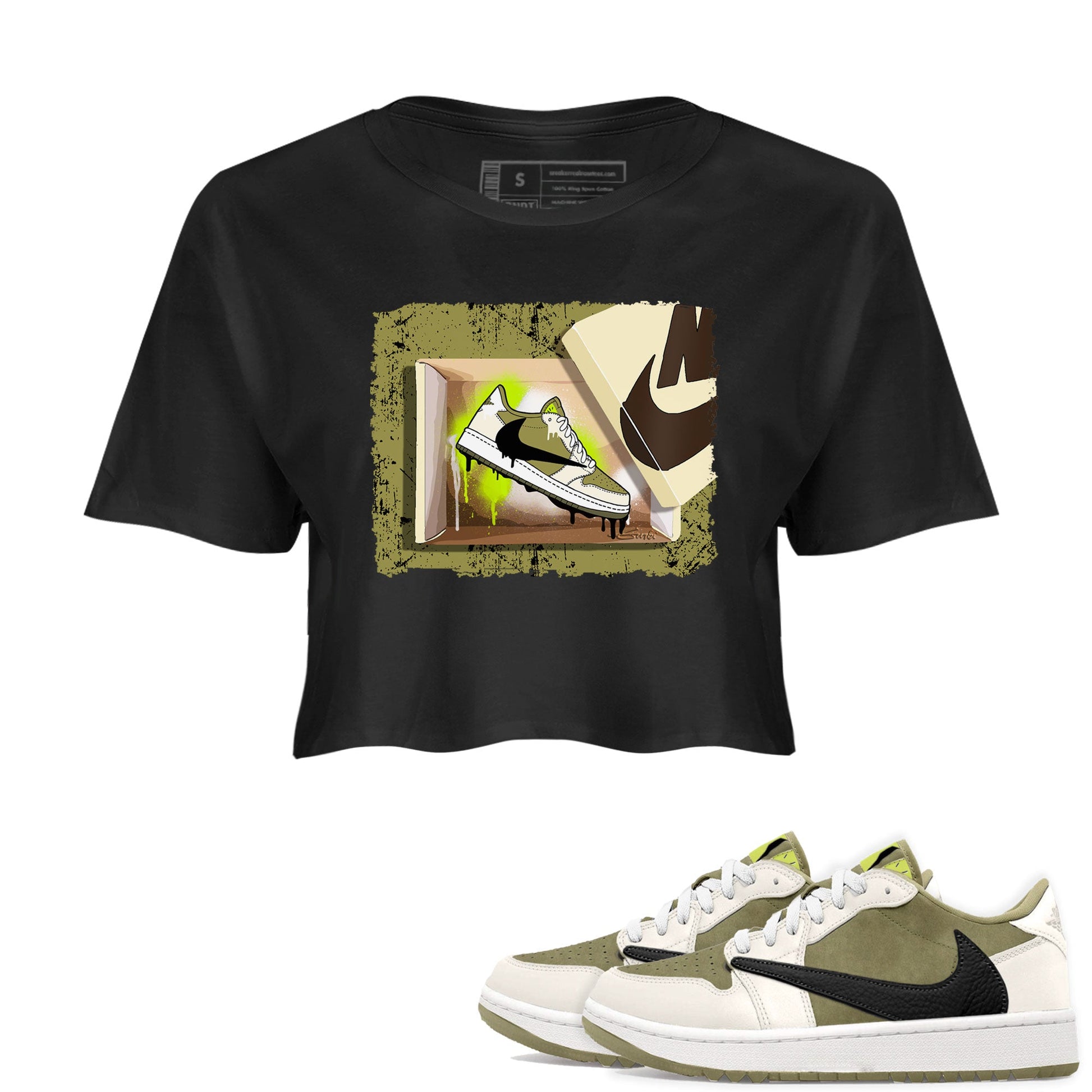 Air Jordan 1 X Travis Scott Golf Olive shirt to match jordans New Kicks sneaker tees Air Jordan 1 Travis Scott Golf SNRT Sneaker Release Tees Black 1 Crop T-Shirt