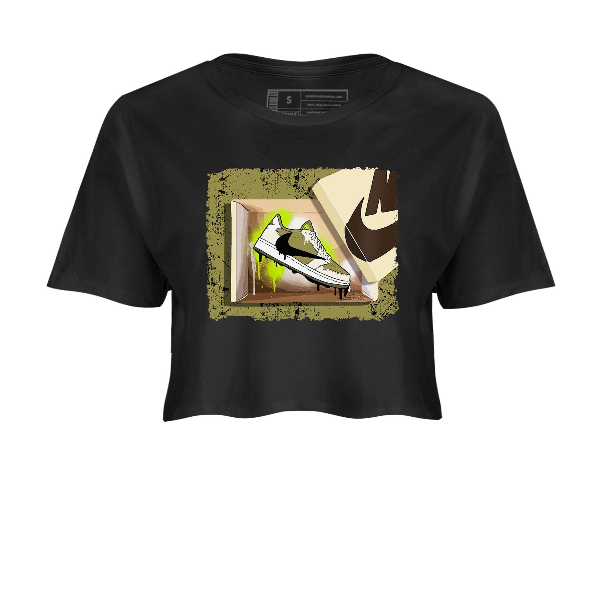 Air Jordan 1 X Travis Scott Golf Olive shirt to match jordans New Kicks sneaker tees Air Jordan 1 Travis Scott Golf SNRT Sneaker Release Tees Black 2 Crop T-Shirt