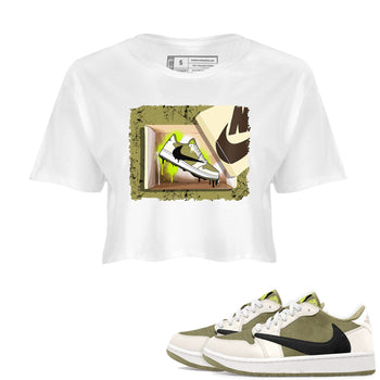 Air Jordan 1 X Travis Scott Golf Olive shirt to match jordans New Kicks sneaker tees Air Jordan 1 Travis Scott Golf SNRT Sneaker Release Tees White 1 Crop T-Shirt