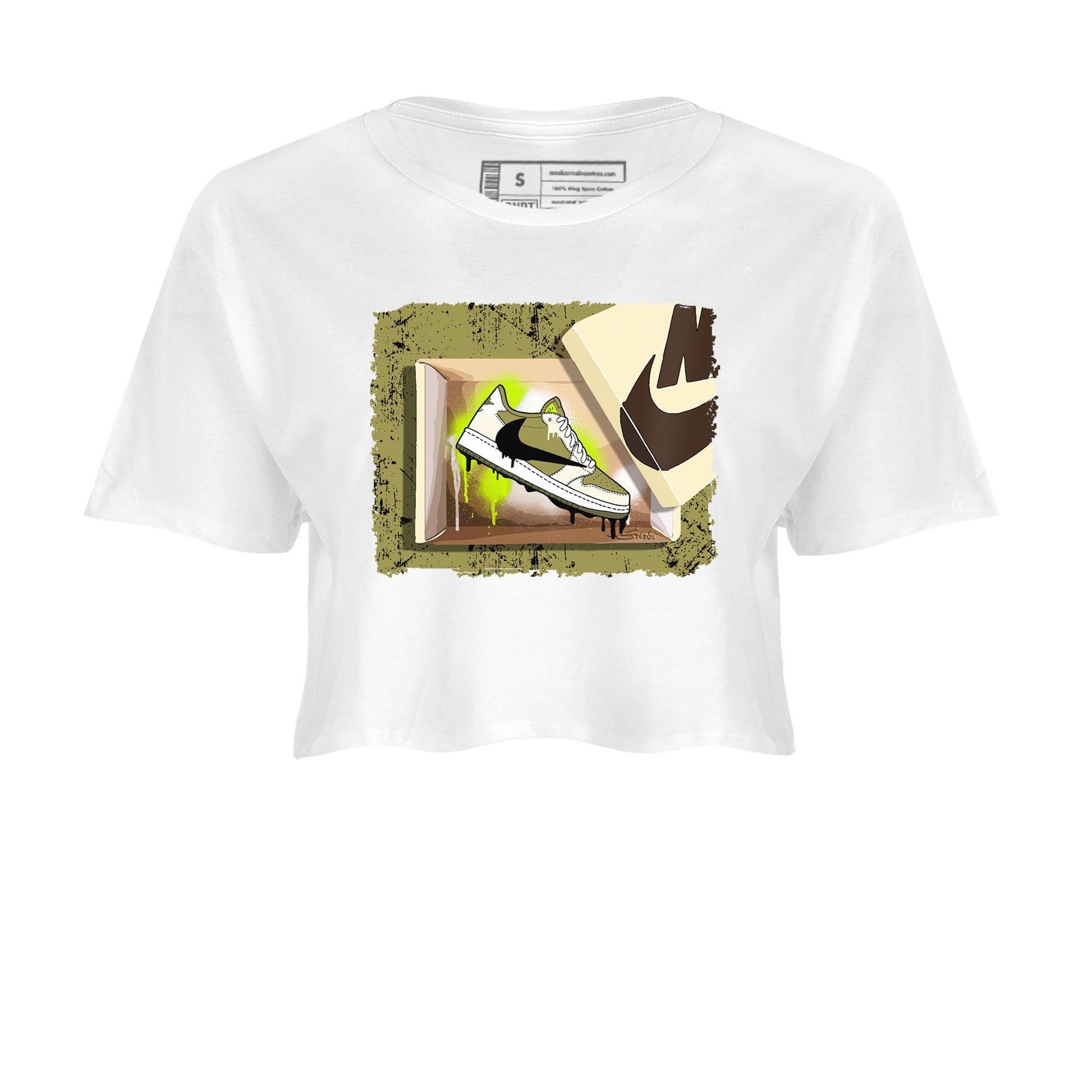 Air Jordan 1 X Travis Scott Golf Olive shirt to match jordans New Kicks sneaker tees Air Jordan 1 Travis Scott Golf SNRT Sneaker Release Tees White 2 Crop T-Shirt