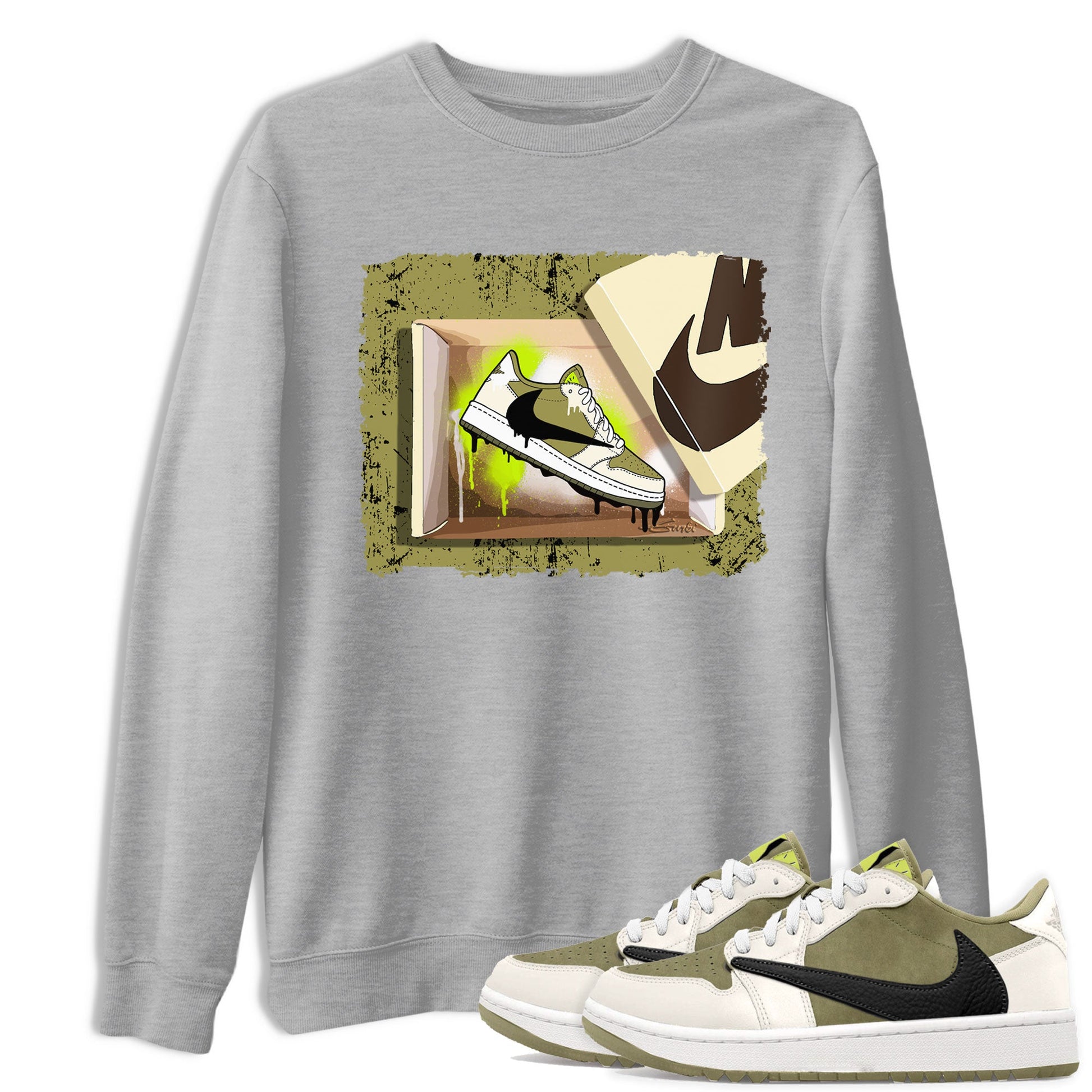 Air Jordan 1 X Travis Scott Golf Olive shirt to match jordans New Kicks sneaker tees Air Jordan 1 Travis Scott Golf SNRT Sneaker Release Tees Unisex Heather Grey 1 T-Shirt