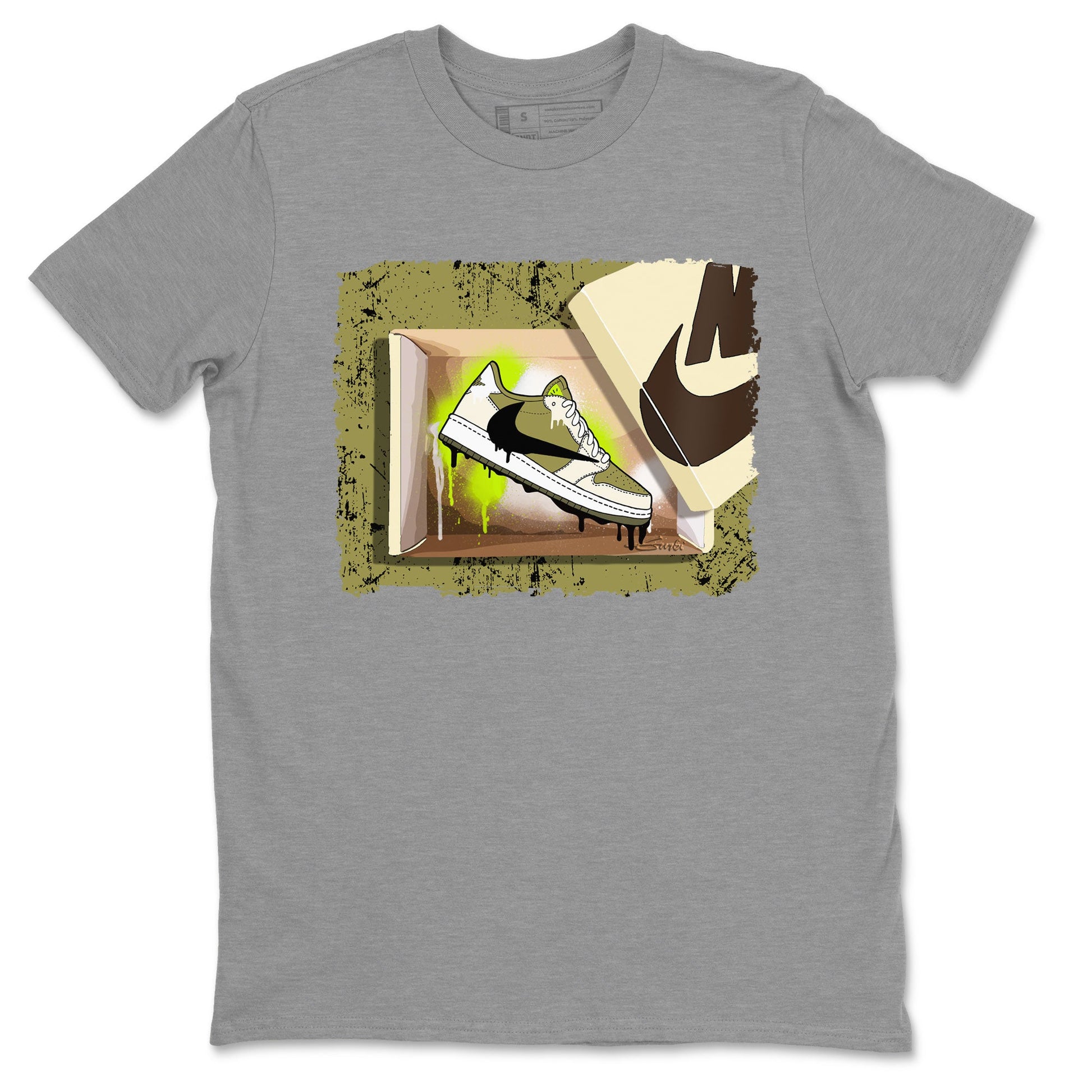 Air Jordan 1 X Travis Scott Golf Olive shirt to match jordans New Kicks sneaker tees Air Jordan 1 Travis Scott Golf SNRT Sneaker Release Tees Unisex Heather Grey 2 T-Shirt
