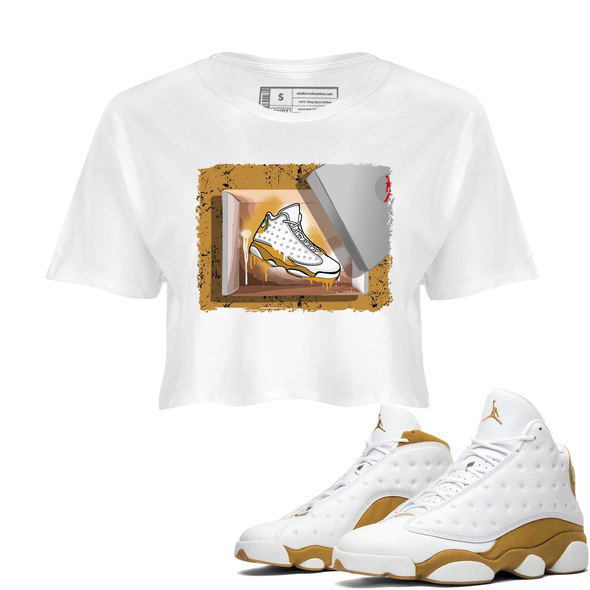 Air Jordan 13 Retro Wheat shirt to match jordans New Kicks sneaker tees Air Jordan 13 Wheat SNRT Sneaker Release Tees White 1 Crop T-Shirt