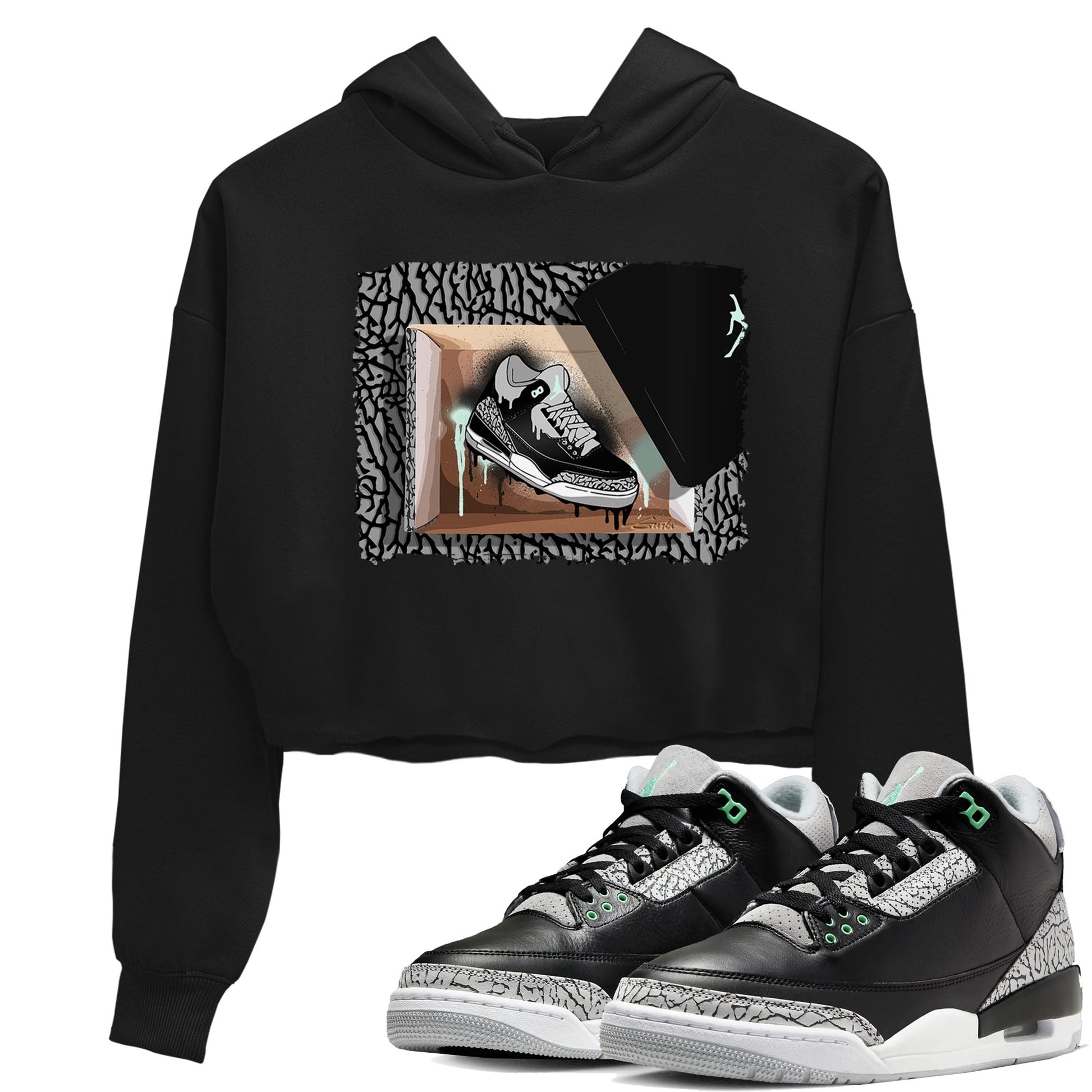 3s Green Glow shirt to match jordans New Kicks sneaker tees Air Jordan 3 Retro Green Glow SNRT Sneaker Release Tees Black 1 crop length shirt