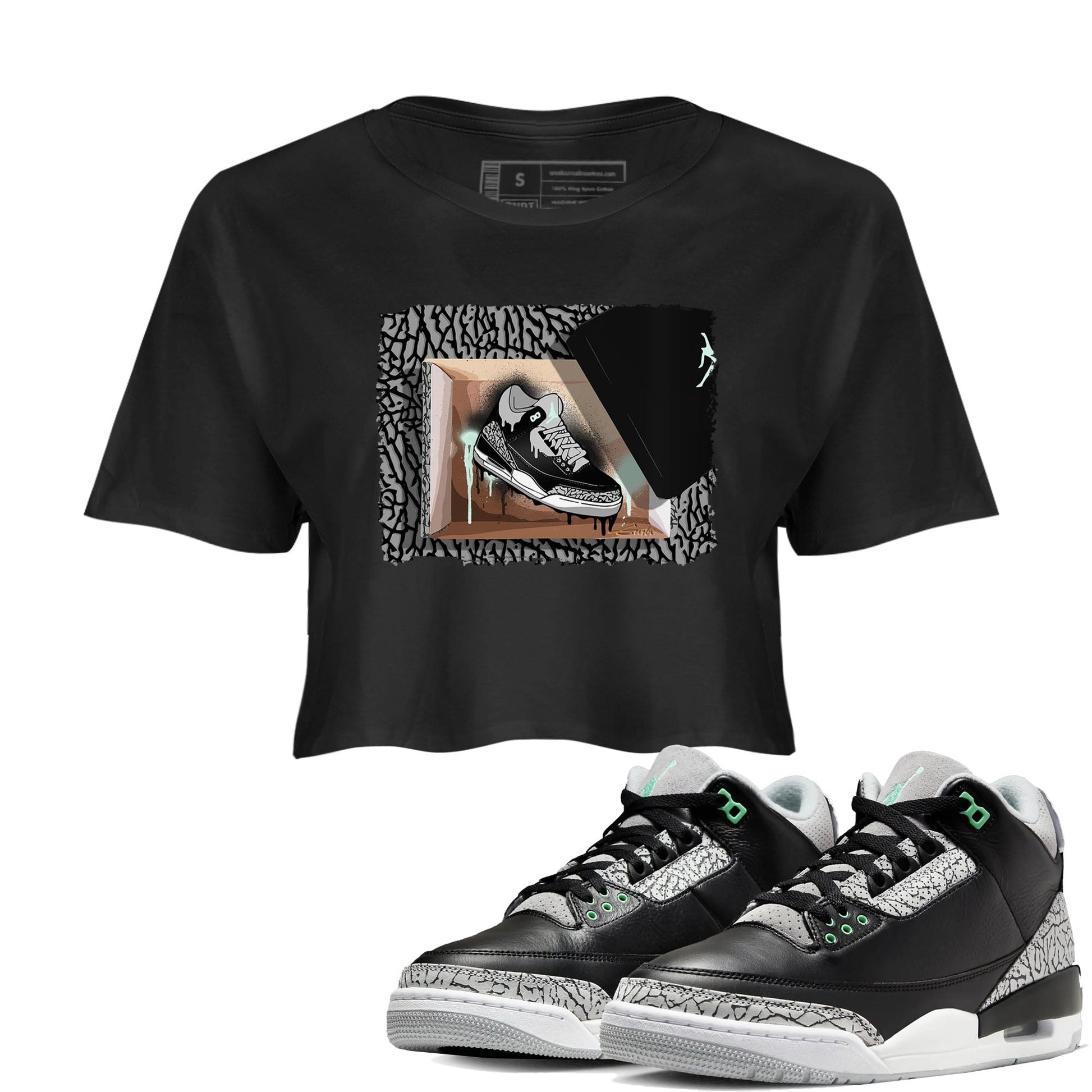 3s Green Glow shirt to match jordans New Kicks sneaker tees Air Jordan 3 Retro Green Glow SNRT Sneaker Release Tees Black 1 crop length shirt