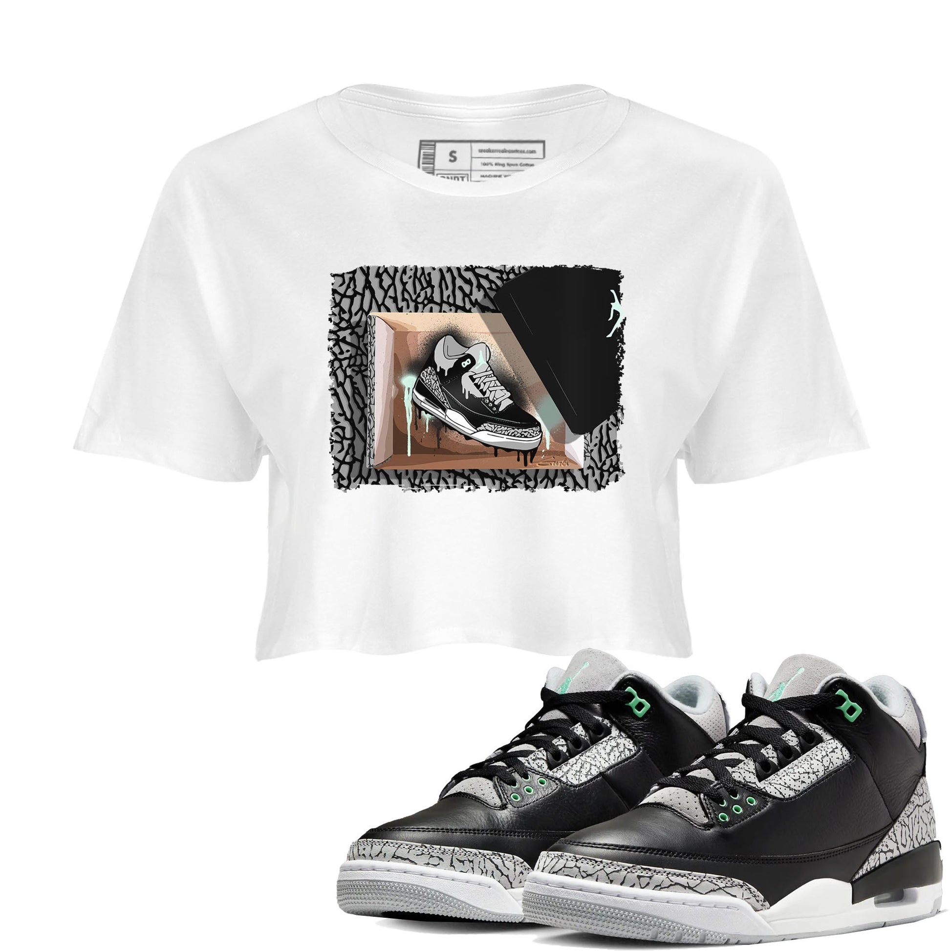 3s Green Glow shirt to match jordans New Kicks sneaker tees Air Jordan 3 Retro Green Glow SNRT Sneaker Release Tees White 1 crop length shirt