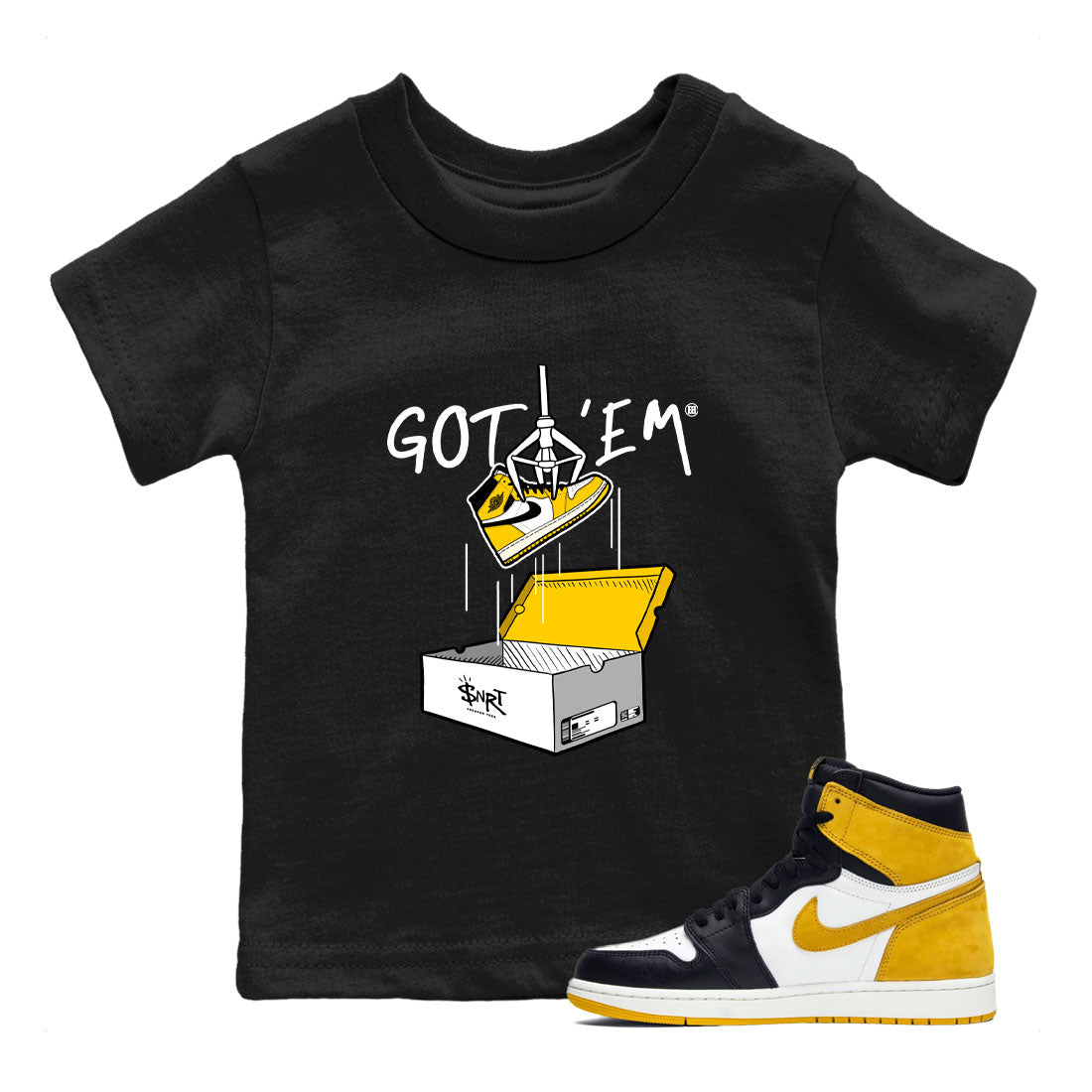 1s Yellow Ochre AJ1 Yellow Toe shirt to match jordans New Treasure Hunter sneaker tees Air Jordan 1 Yellow Ochre SNRT sneaker release tees baby toddler Black 1 cotton Shirt
