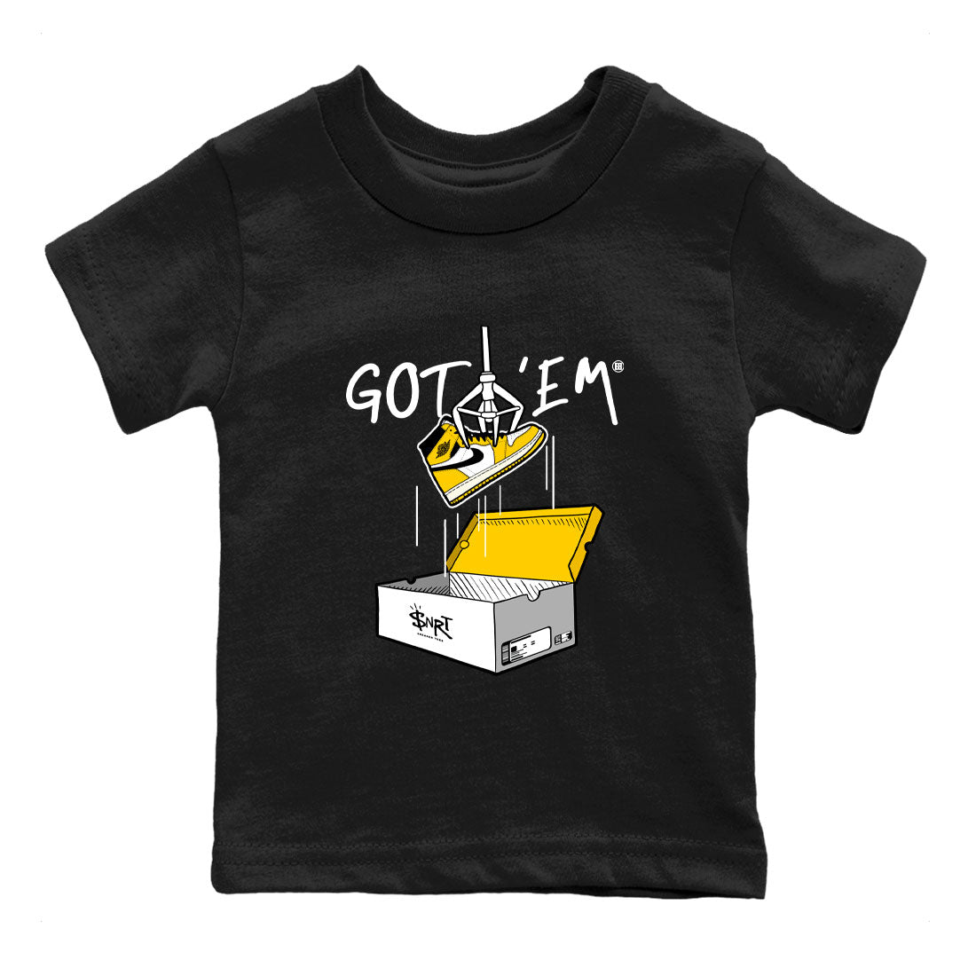 1s Yellow Ochre AJ1 Yellow Toe shirt to match jordans New Treasure Hunter sneaker tees Air Jordan 1 Yellow Ochre SNRT sneaker release tees baby toddler Black 2 cotton Shirt