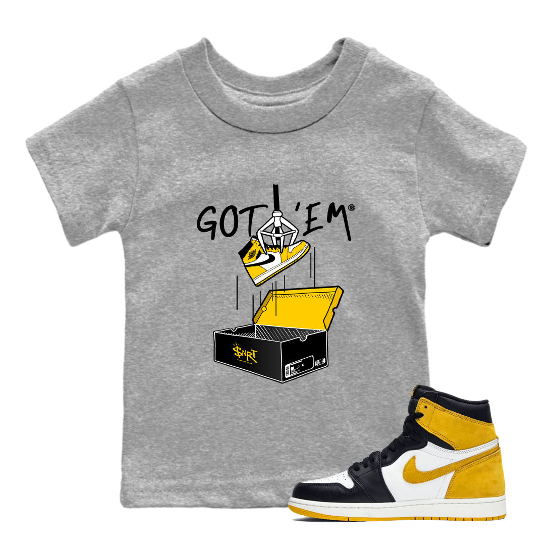1s Yellow Ochre AJ1 Yellow Toe shirt to match jordans New Treasure Hunter sneaker tees Air Jordan 1 Yellow Ochre SNRT sneaker release tees baby toddler Heather Grey 1 cotton Shirt