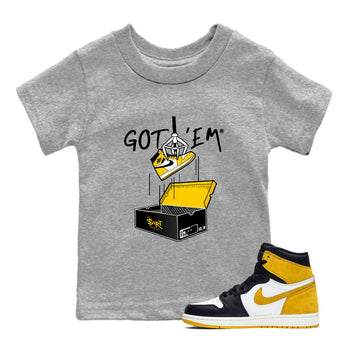 1s Yellow Ochre AJ1 Yellow Toe shirt to match jordans New Treasure Hunter sneaker tees Air Jordan 1 Yellow Ochre SNRT sneaker release tees baby toddler Heather Grey 1 cotton Shirt