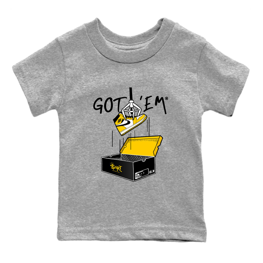 1s Yellow Ochre AJ1 Yellow Toe shirt to match jordans New Treasure Hunter sneaker tees Air Jordan 1 Yellow Ochre SNRT sneaker release tees baby toddler Heather Grey 2 cotton Shirt