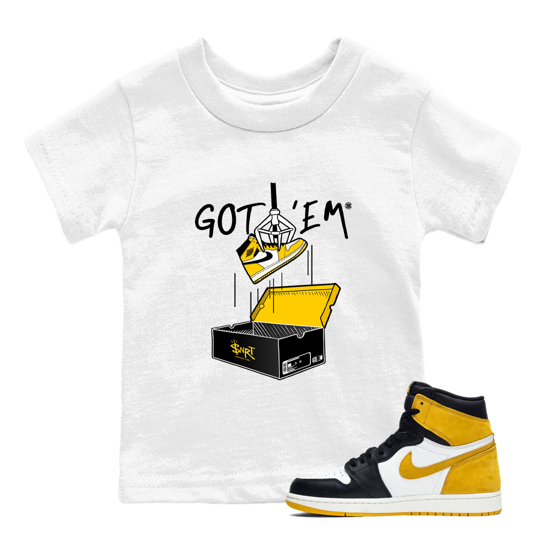 1s Yellow Ochre AJ1 Yellow Toe shirt to match jordans New Treasure Hunter sneaker tees Air Jordan 1 Yellow Ochre SNRT sneaker release tees baby toddler White 1 cotton Shirt