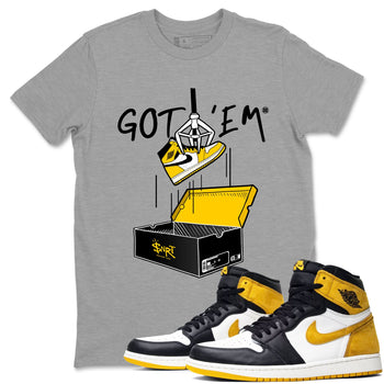 1s Yellow Ochre AJ1 Yellow Toe shirt to match jordans New Treasure Hunter sneaker tees Air Jordan 1 Yellow Ochre SNRT Sneaker Release Tees unisex cotton Heather Grey 1 crew neck shirt