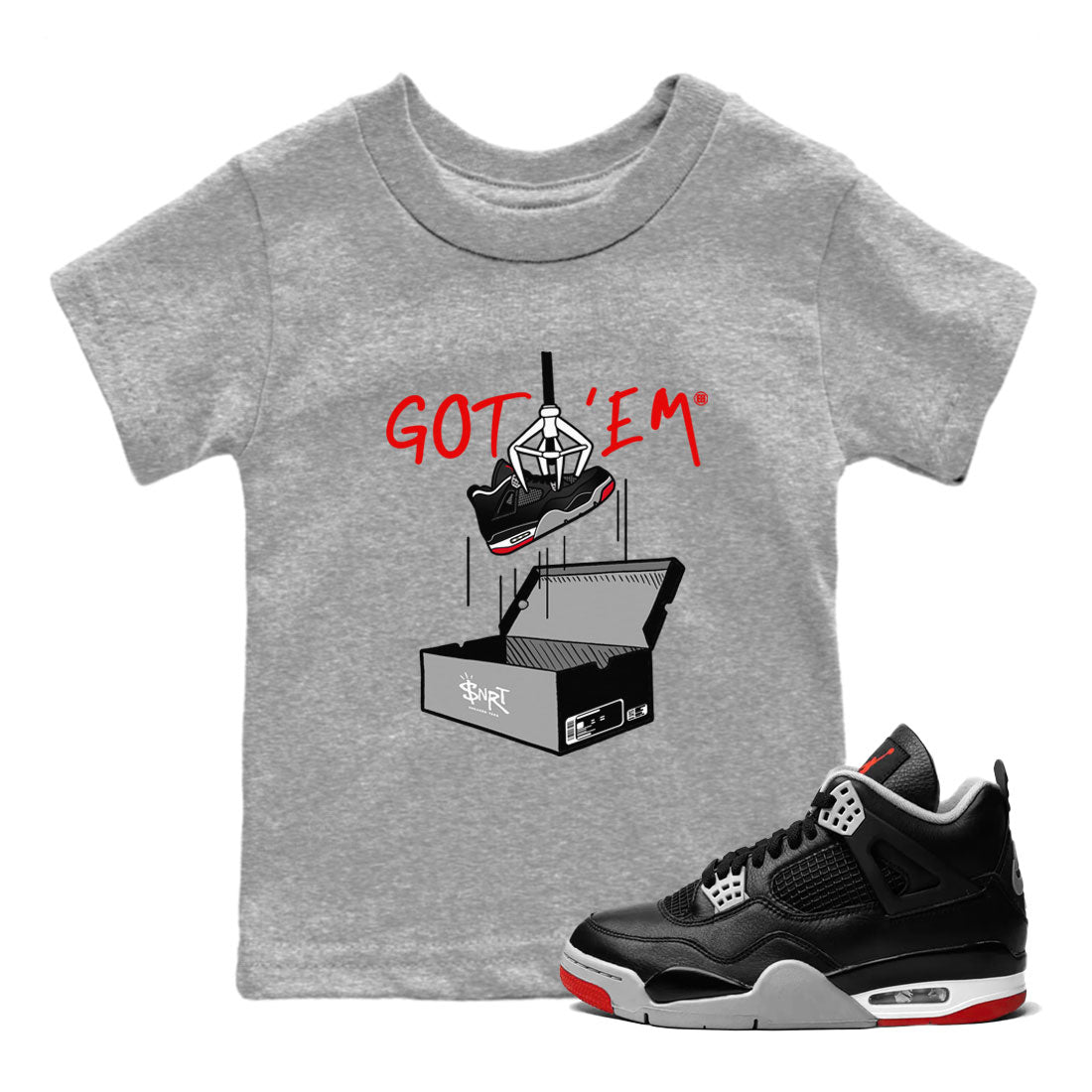 AJ4 Bred Reimagined shirt to match jordans New Treasure Hunter sneaker tees Air Jordan 4 Bred Reimagined SNRT sneaker release tees baby toddler Heather Grey 1 cotton Shirt