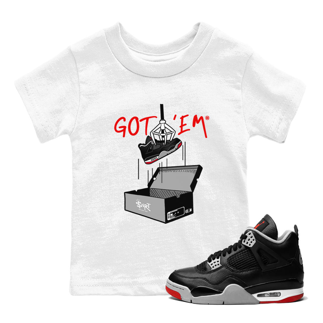 AJ4 Bred Reimagined shirt to match jordans New Treasure Hunter sneaker tees Air Jordan 4 Bred Reimagined SNRT sneaker release tees baby toddler White 1 cotton Shirt