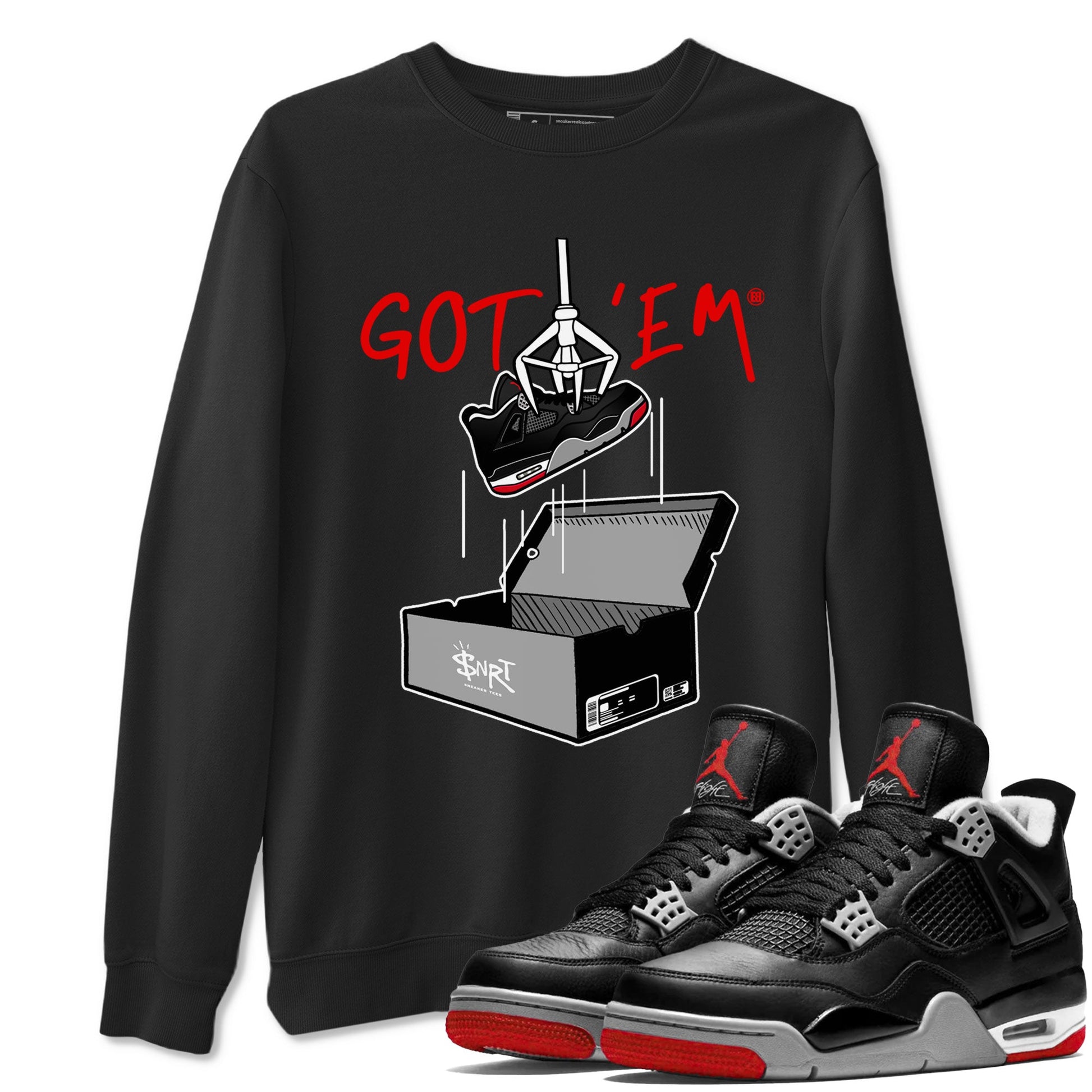 AJ4 Bred Reimagined shirt to match jordans New Treasure Hunter sneaker tees Air Jordan 4 Bred Reimagined SNRT Sneaker Release Tees unisex cotton Black 1 crew neck shirt
