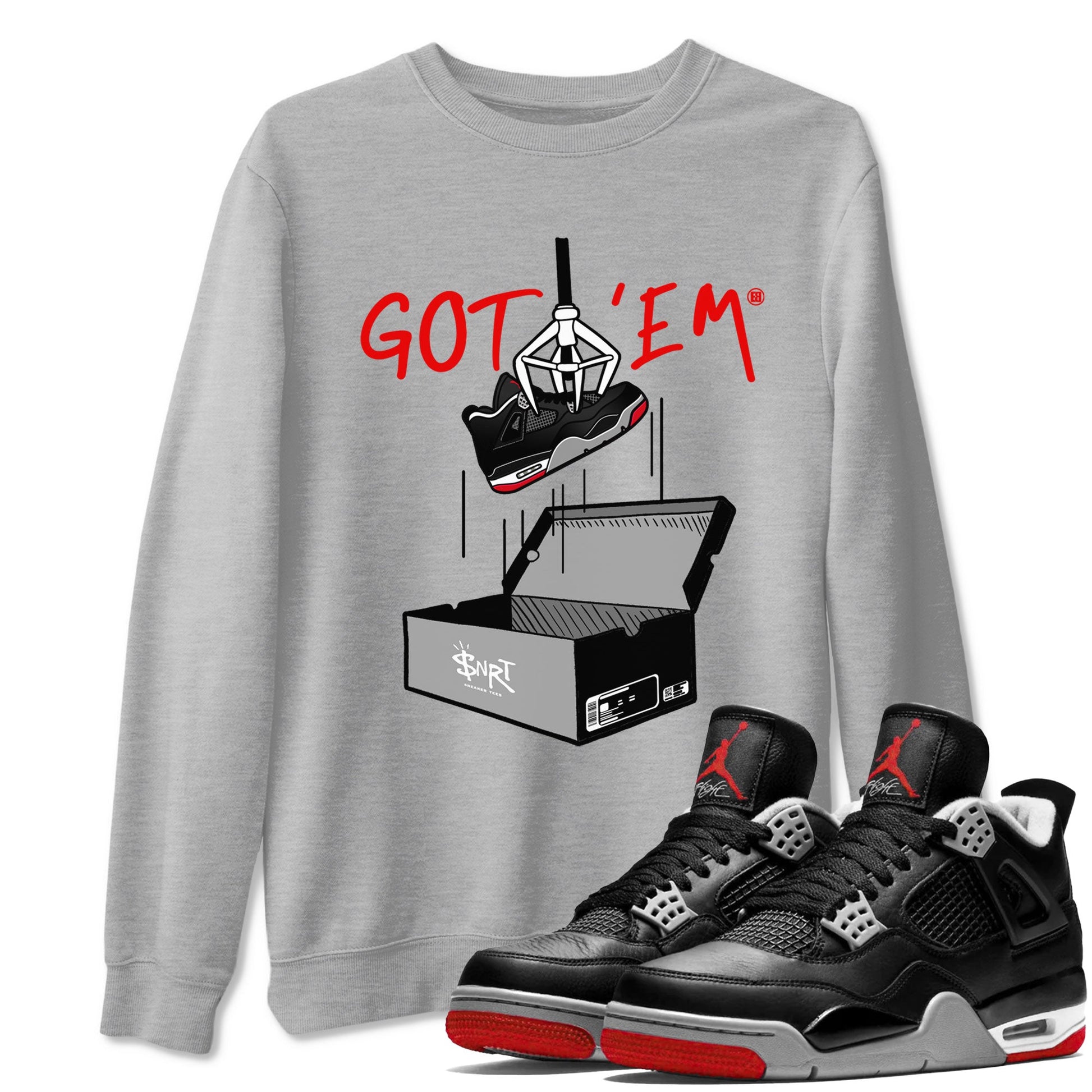 AJ4 Bred Reimagined shirt to match jordans New Treasure Hunter sneaker tees Air Jordan 4 Bred Reimagined SNRT Sneaker Release Tees unisex cotton Heather Grey 1 crew neck shirt