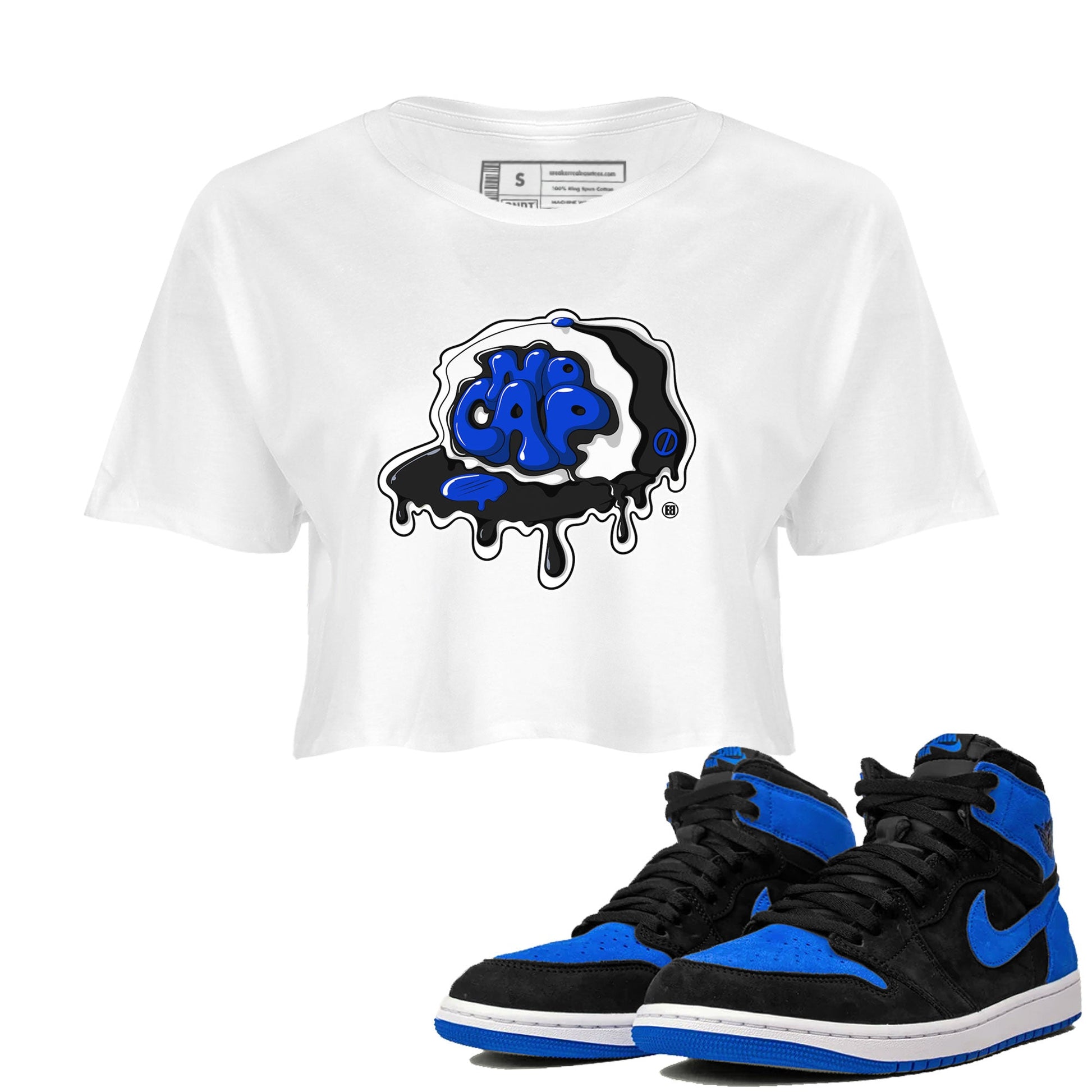 Air Jordan 1 Royal Reimagined shirt to match jordans No Cap sneaker tees Jordan 1 Retro High OG Royal Reimagined SNRT Sneaker Release Tees White 1 Crop T-Shirt