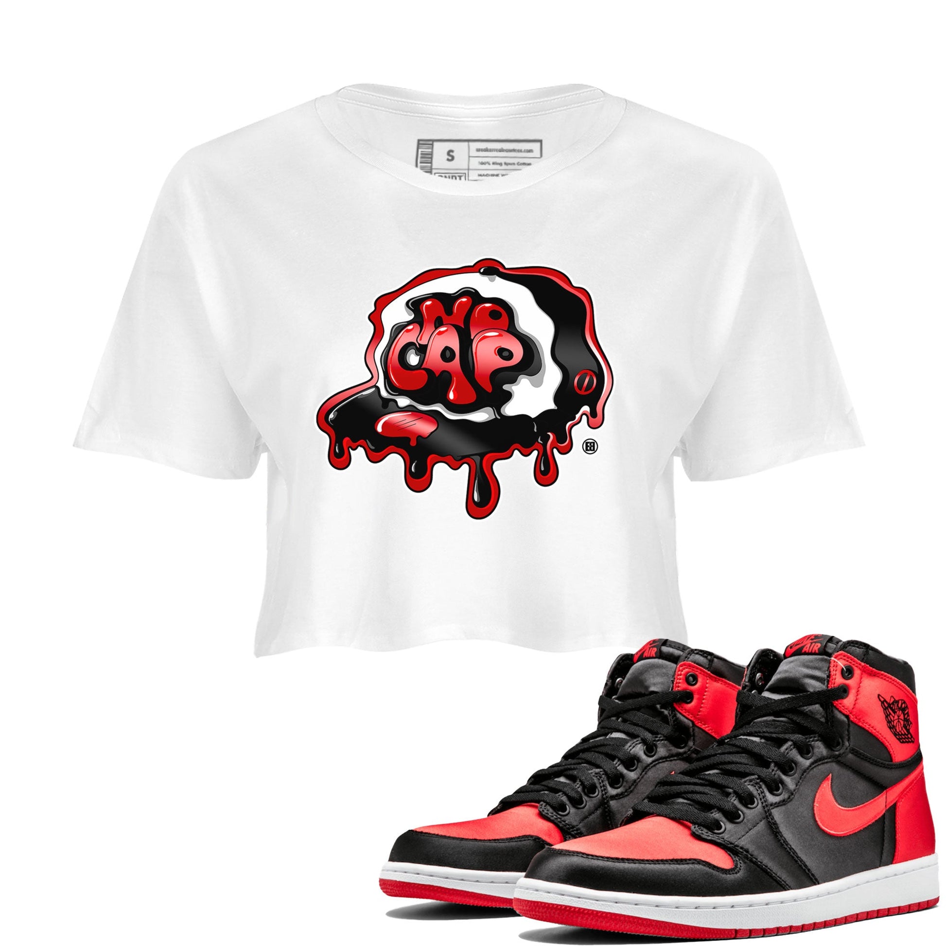 Air Jordan 1 Retro High OG Satin Bred shirt to match jordans No Cap sneaker tees Air Jordan 1 Satin Bred SNRT Sneaker Release Tees White 1 Crop T-Shirt