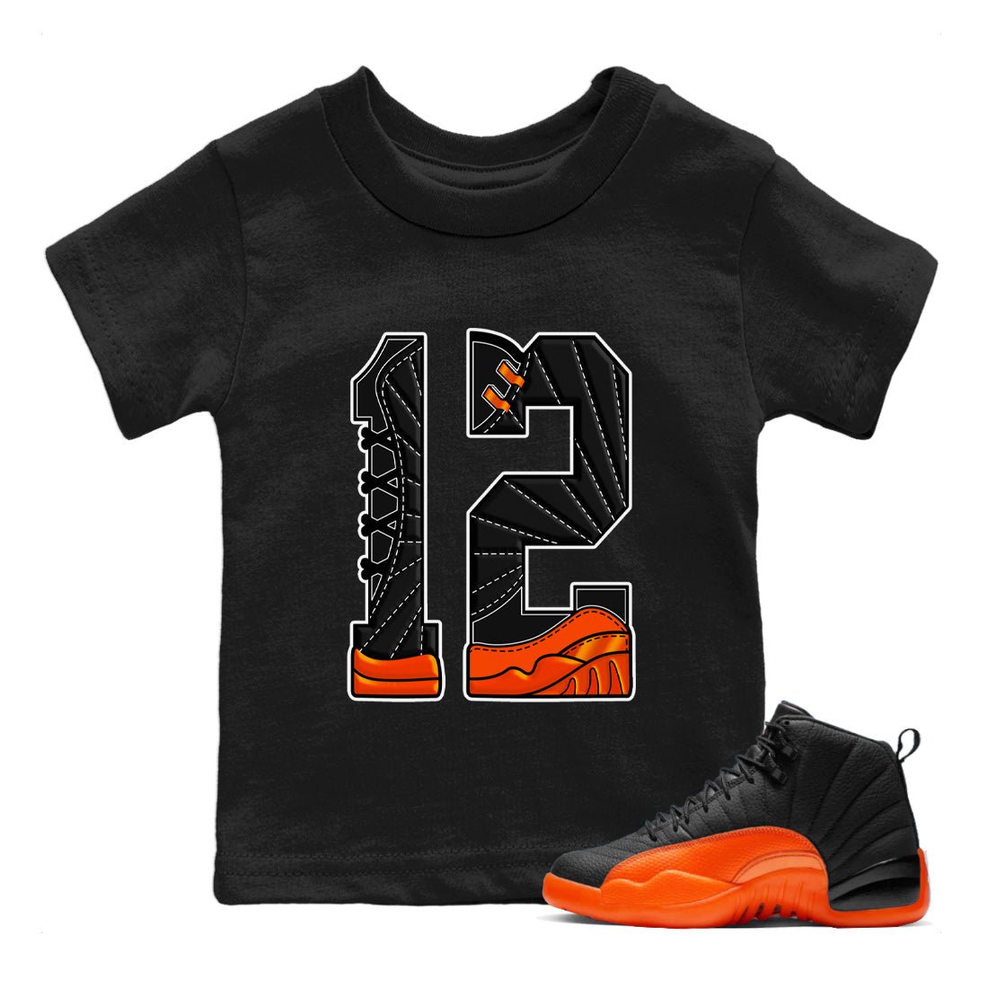 Air Jordan 12 Brilliant Orange Sneaker Match Tees Number 12 Sneaker Tees Air Jordan 12 Orange Sneaker Release Tees Kids Shirts Black 1