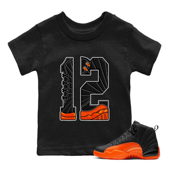 Air Jordan 12 Brilliant Orange Sneaker Match Tees Number 12 Sneaker Tees Air Jordan 12 Orange Sneaker Release Tees Kids Shirts Black 1
