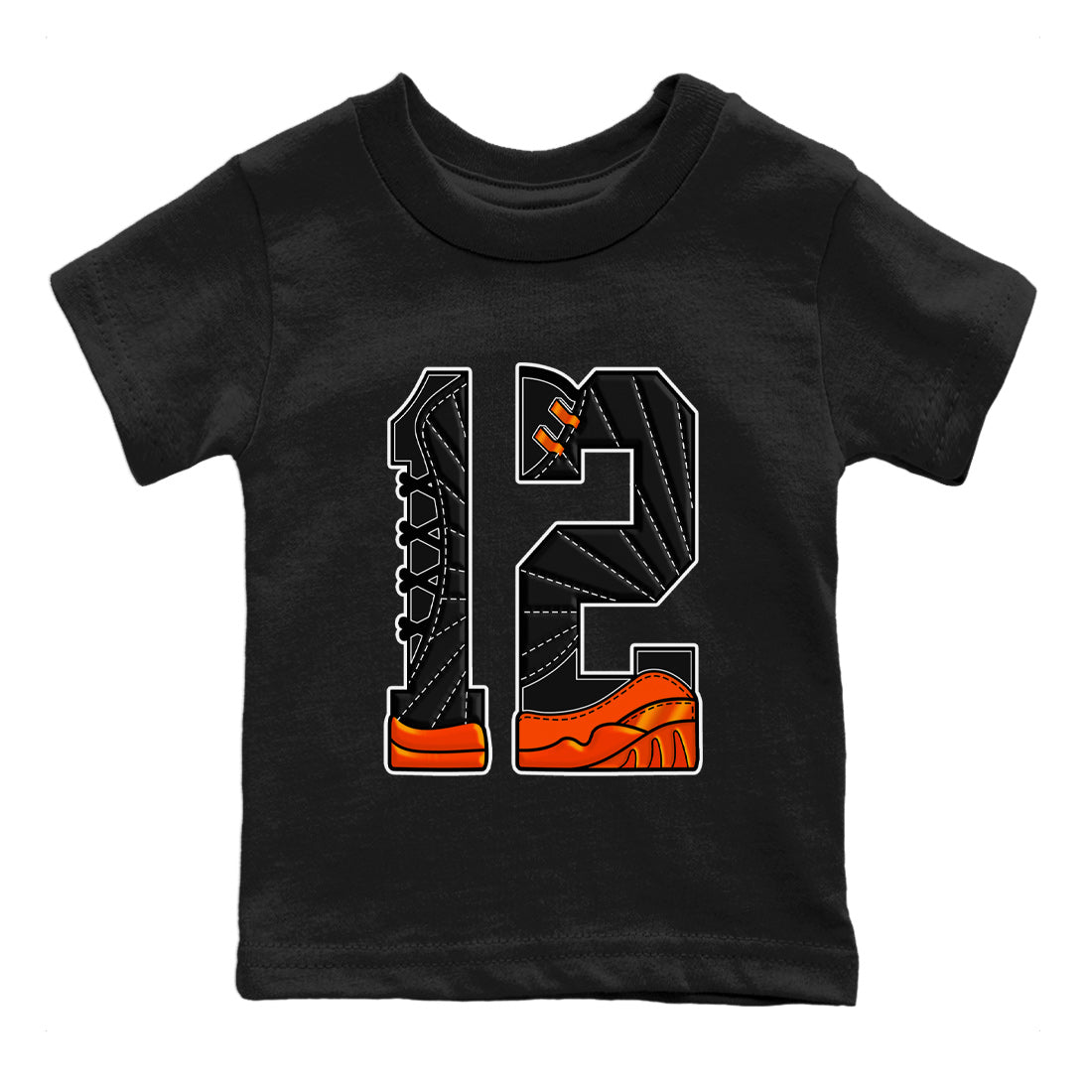 Air Jordan 12 Brilliant Orange Sneaker Match Tees Number 12 Sneaker Tees Air Jordan 12 Orange Sneaker Release Tees Kids Shirts Black 2