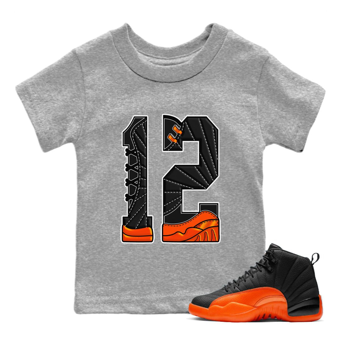 Air Jordan 12 Brilliant Orange Sneaker Match Tees Number 12 Sneaker Tees Air Jordan 12 Orange Sneaker Release Tees Kids Shirts Heather Grey 1