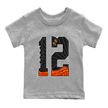 Air Jordan 12 Brilliant Orange Sneaker Match Tees Number 12 Sneaker Tees Air Jordan 12 Orange Sneaker Release Tees Kids Shirts Heather Grey 2