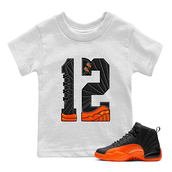 Air Jordan 12 Brilliant Orange Sneaker Match Tees Number 12 Sneaker Tees Air Jordan 12 Orange Sneaker Release Tees Kids Shirts White 1