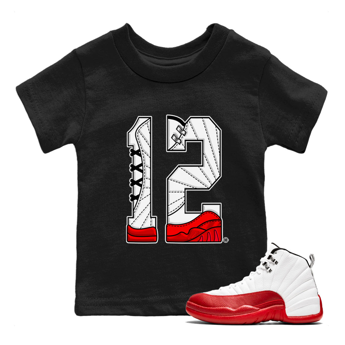 12s Cherry Sneaker Match Tees Number 12 Sneaker Tees Air Jordan 12 Cherry Sneaker Release Tees Kids Shirts Black 1