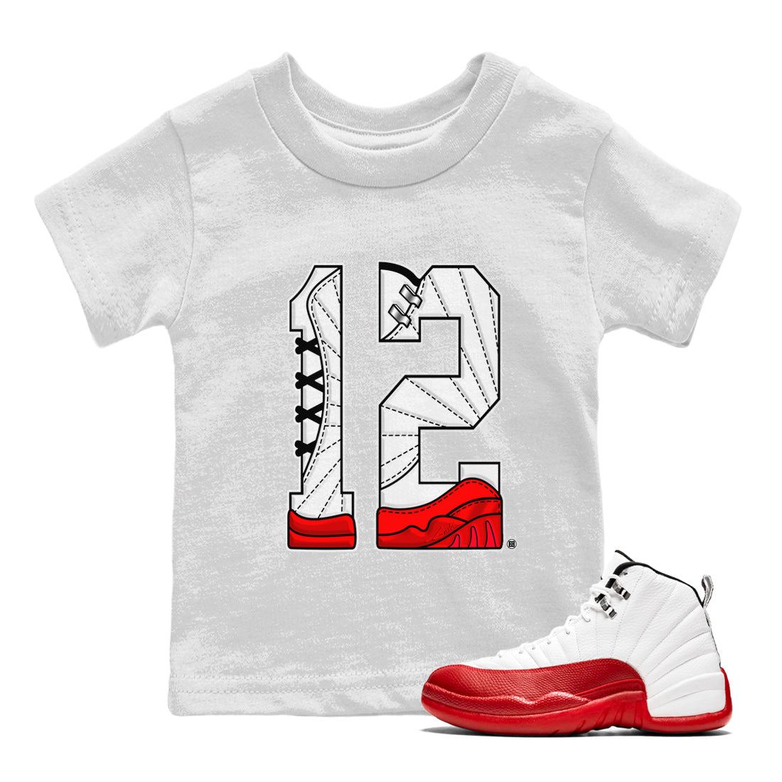 12s Cherry Sneaker Match Tees Number 12 Sneaker Tees Air Jordan 12 Cherry Sneaker Release Tees Kids Shirts White 1