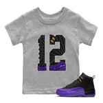 Air Jordan 12 Field Purple Sneaker Match Tees Number 12 Sneaker Tees Air Jordan 12 Purple Sneaker Release Tees Kids Shirts Heather Grey 1