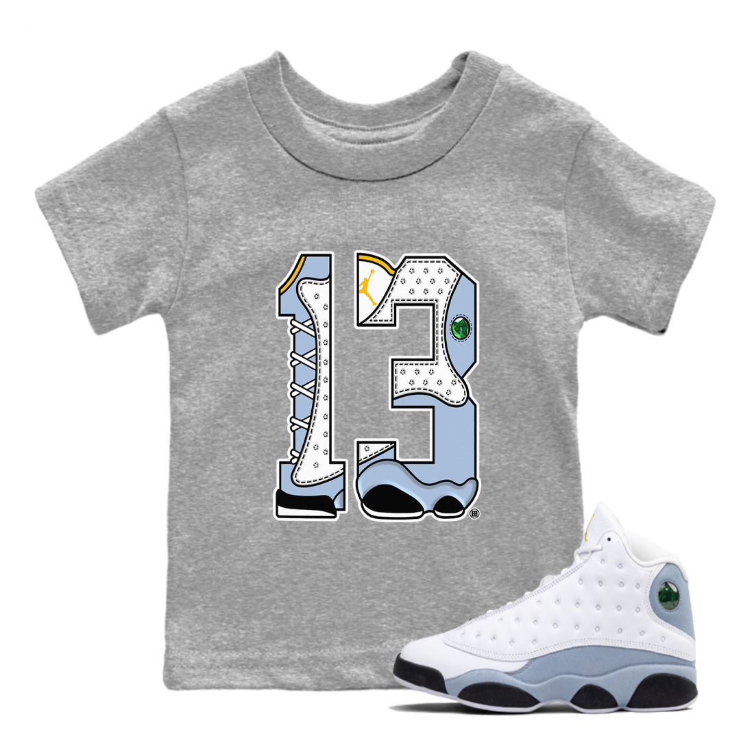 AJ13 Blue Grey shirt to match jordans Number 13 sneaker tees streetwear brand Air Jordan 13 Blue Grey SNRT sneaker release tees baby toddler Heather Grey 1 cotton Shirt