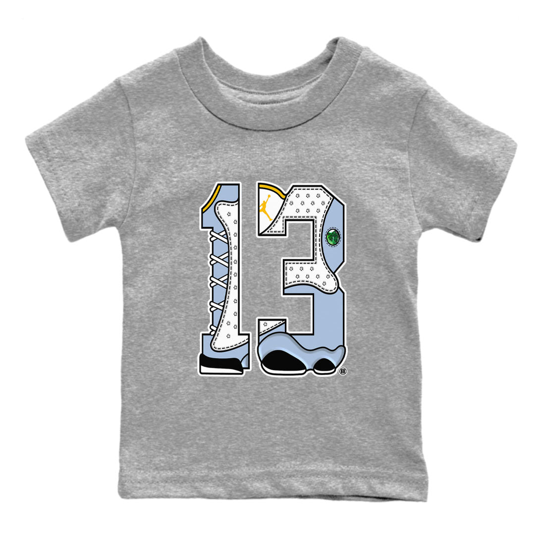 AJ13 Blue Grey shirt to match jordans Number 13 sneaker tees streetwear brand Air Jordan 13 Blue Grey SNRT sneaker release tees baby toddler Heather Grey 2 cotton Shirt