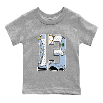 AJ13 Blue Grey shirt to match jordans Number 13 sneaker tees streetwear brand Air Jordan 13 Blue Grey SNRT sneaker release tees baby toddler Heather Grey 2 cotton Shirt