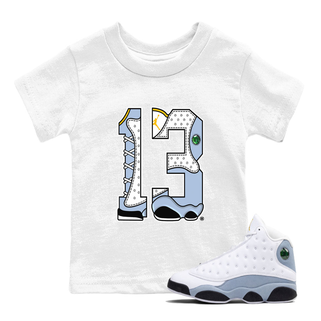 AJ13 Blue Grey shirt to match jordans Number 13 sneaker tees streetwear brand Air Jordan 13 Blue Grey SNRT sneaker release tees baby toddler White 1 cotton Shirt