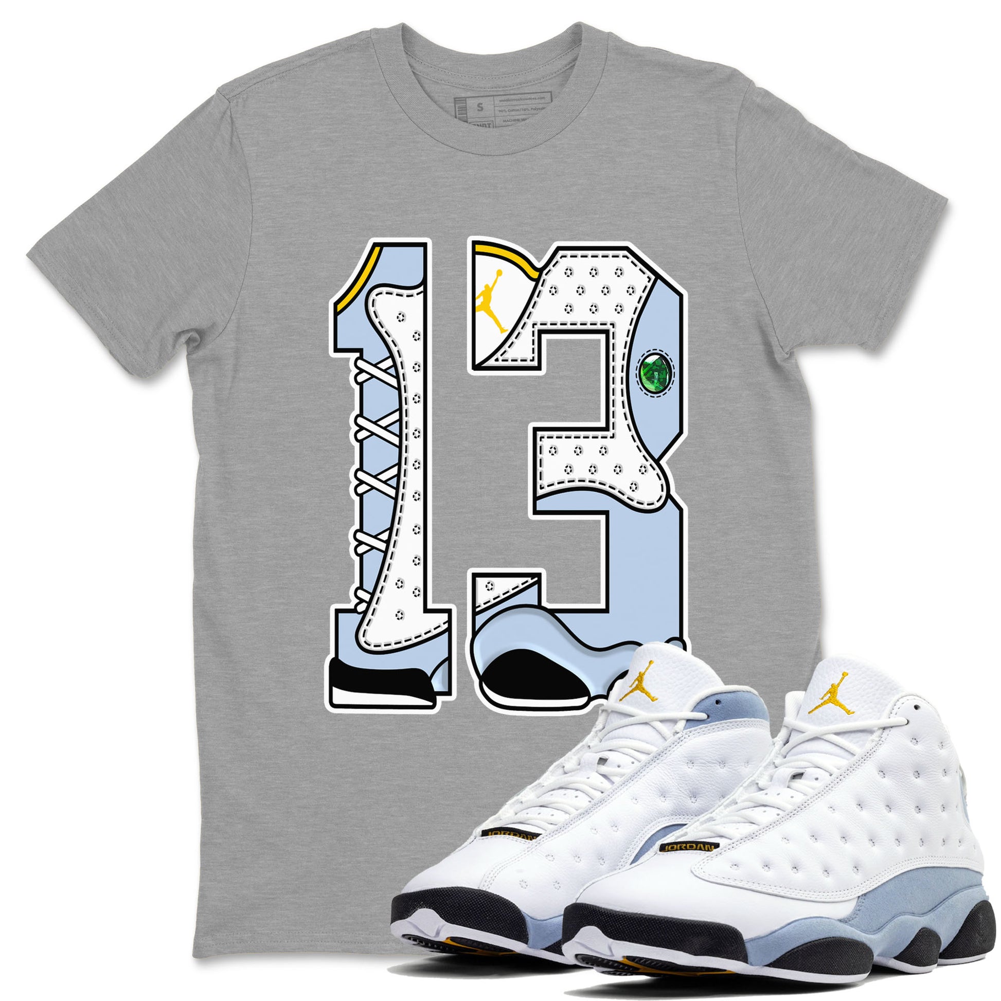 AJ13 Blue Grey shirt to match jordans Number 13 sneaker tees streetwear brand Air Jordan 13 Blue Grey SNRT Sneaker Release Tees unisex cotton Heather Grey 1 crew neck shirt