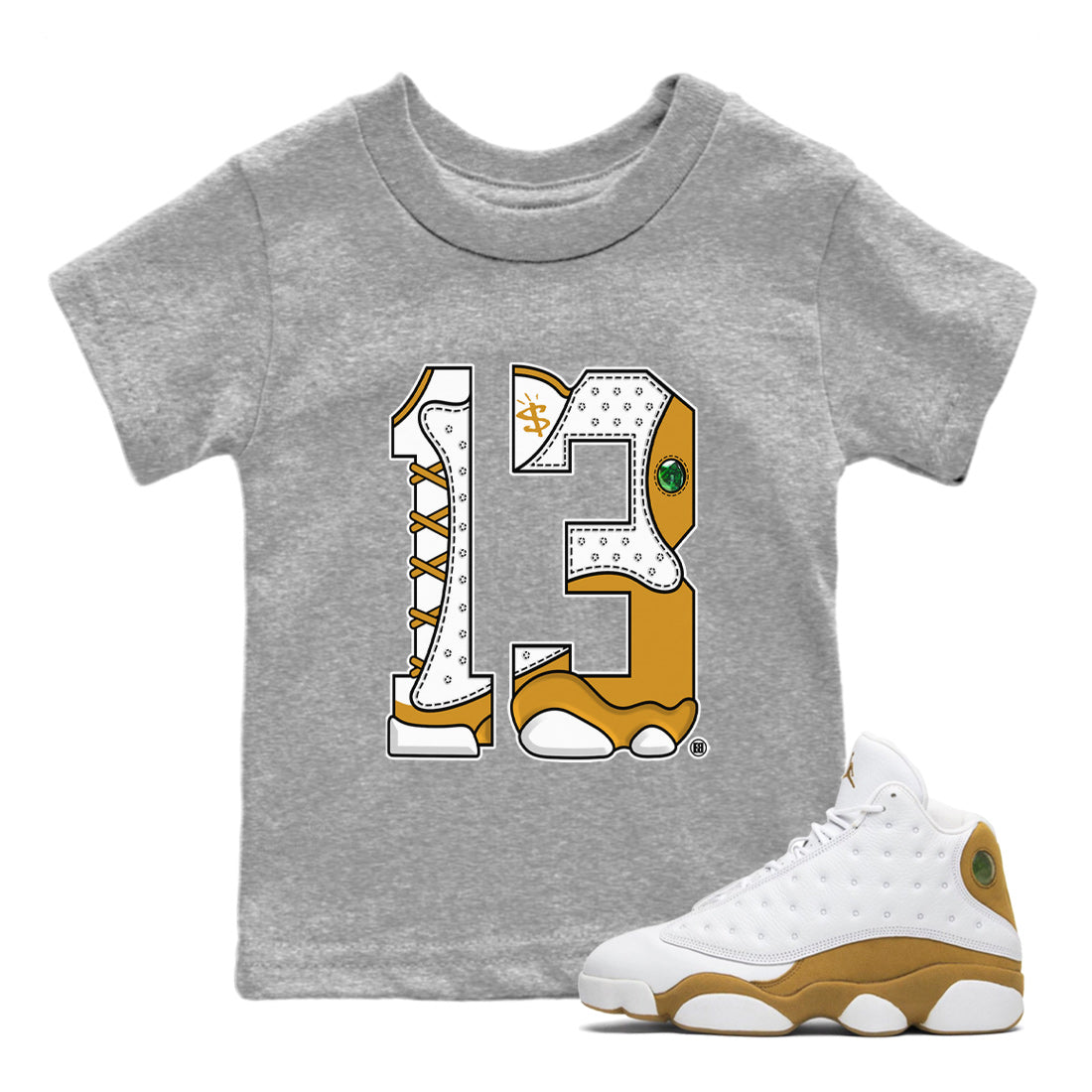 Jordan Retro 13 Wheat Sneaker Matching Tee Number 13 Sneaker Tees Air Jordan 13 Wheat Sneaker Release Tees Kids Shirts Heather Grey 1