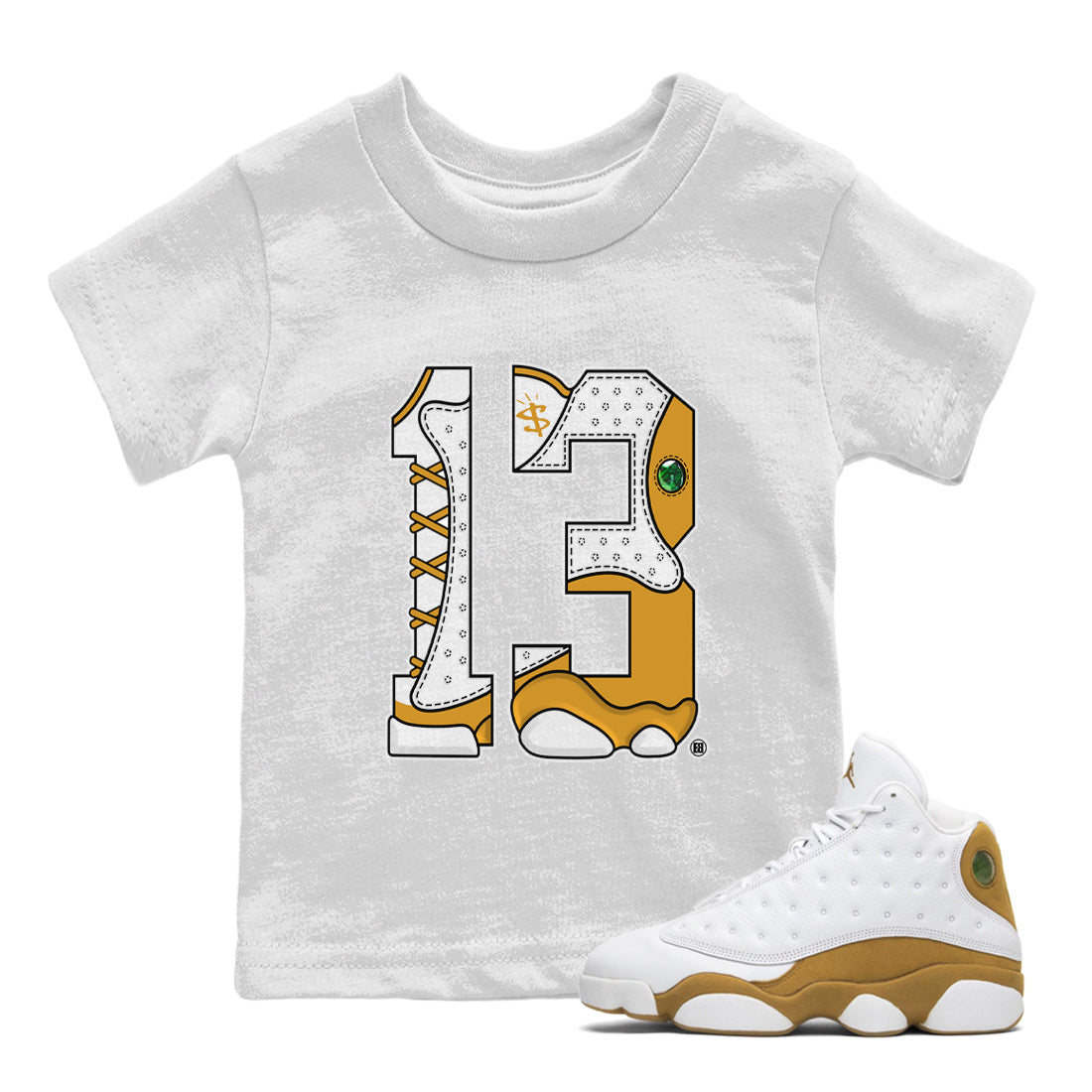 Jordan Retro 13 Wheat Sneaker Matching Tee Number 13 Sneaker Tees Air Jordan 13 Wheat Sneaker Release Tees Kids Shirts White 1