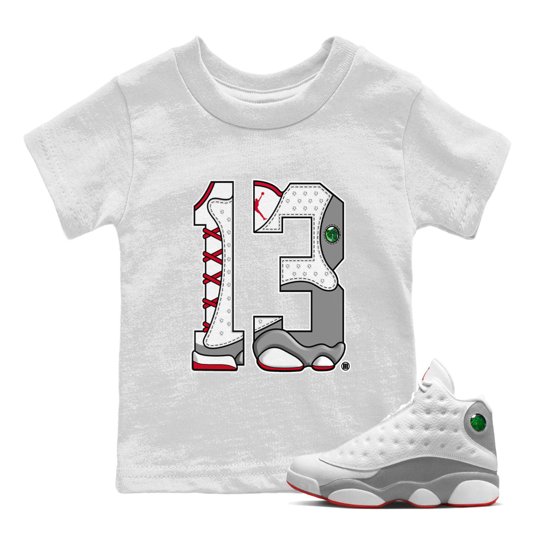 Air Jordan 13 Wolf Grey Sneaker Match Tees Number 13 Sneaker Tees Air Jordan 13 Retro Wolf Grey T-Shirt Kids Shirts White 1