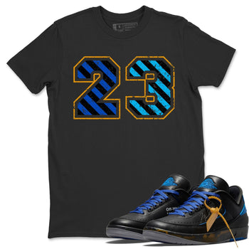 Jordan 2 OFF-WHITE Black Blue Sneaker Match Tees Number 23 Sneaker Tees Jordan 2 OFF-WHITE Black Blue Sneaker Release Tees Unisex Shirts