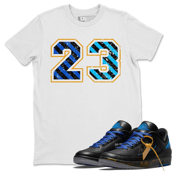 Jordan 2 OFF-WHITE Black Blue Sneaker Match Tees Number 23 Sneaker Tees Jordan 2 OFF-WHITE Black Blue Sneaker Release Tees Unisex Shirts